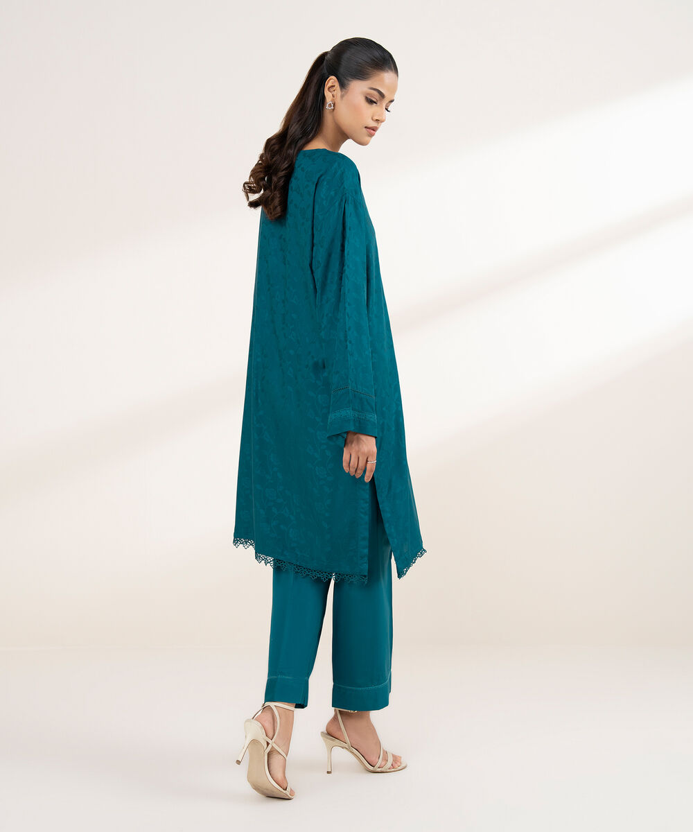 Women's RTW Arabic Self Jacquard Blue Solid Boxy Shirt