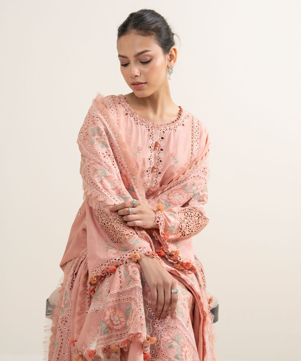 Women's Unstitched Slub Lawn Embroidered Coral Peach 3 Piece Suit