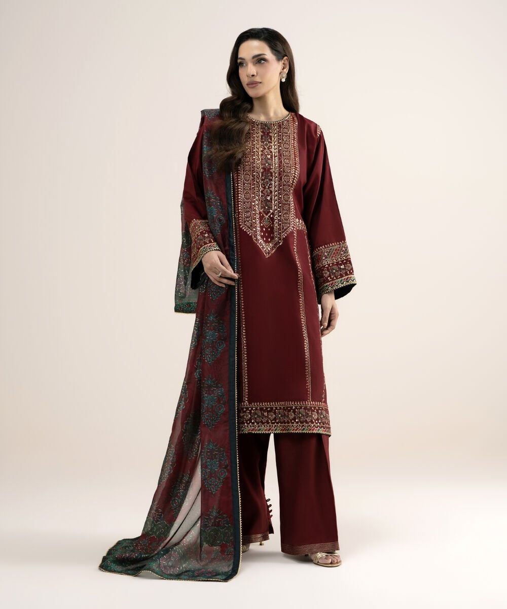 Women's Unstitched Embroidered Blended Raw Silk Red 3 Piece Suit