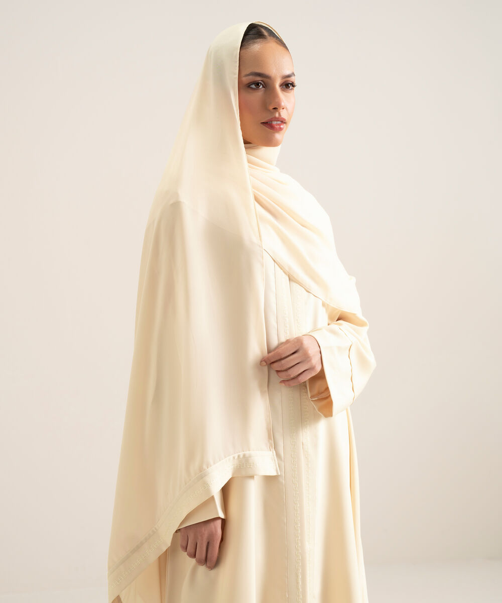 Women's White V-Neck Embroidered Abbaya Set