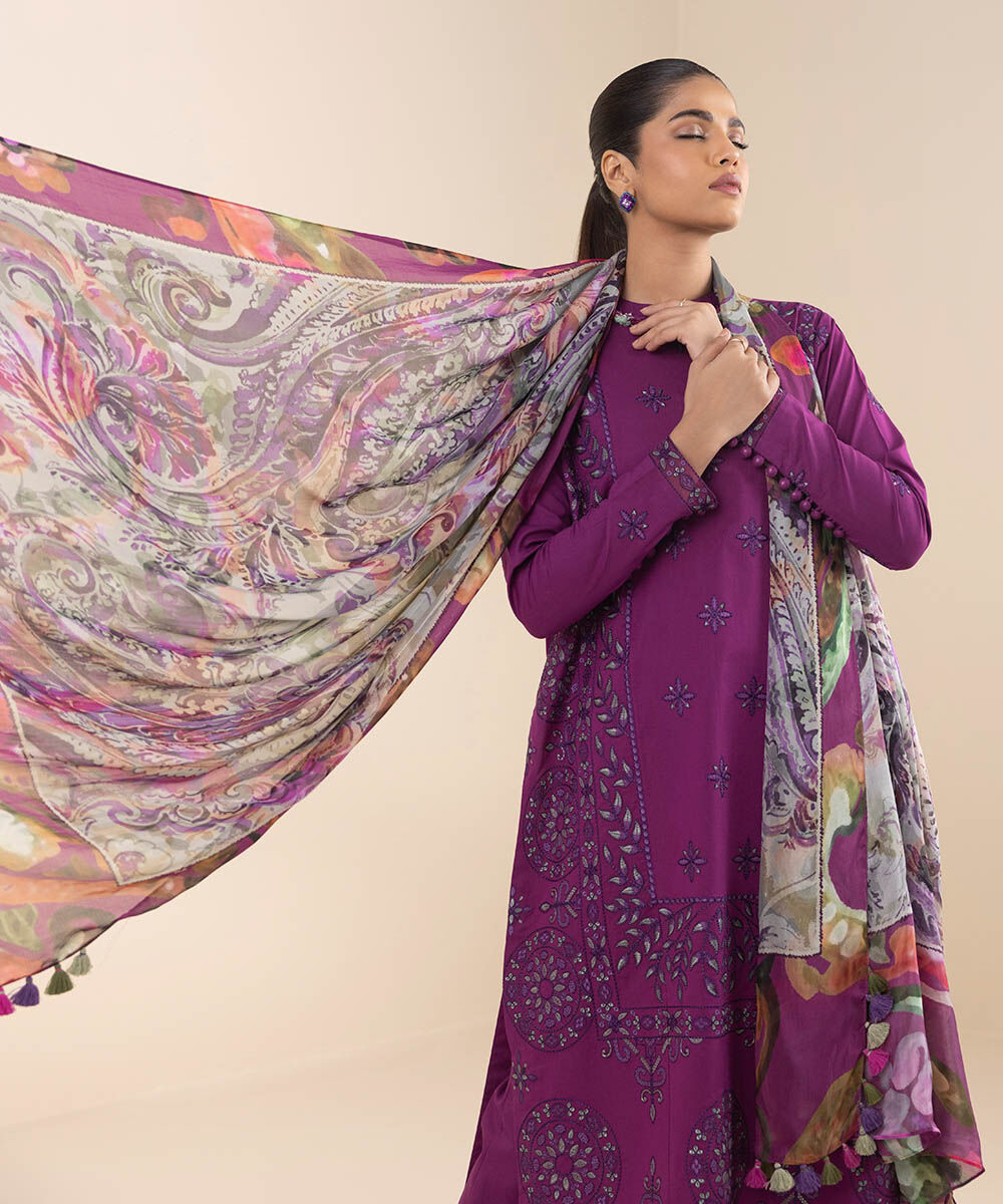 Women's Unstitched Purple Cotton 3 Piece Suit