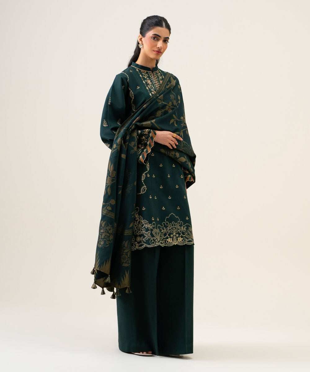 Women's Unstitched Basic Khaddar Embroidered Green 3 Piece Suit