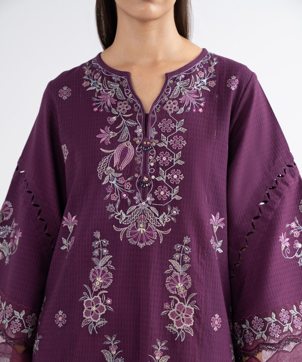 Women's Unstitched Dobby Embroidered Purple 3 Piece Suit