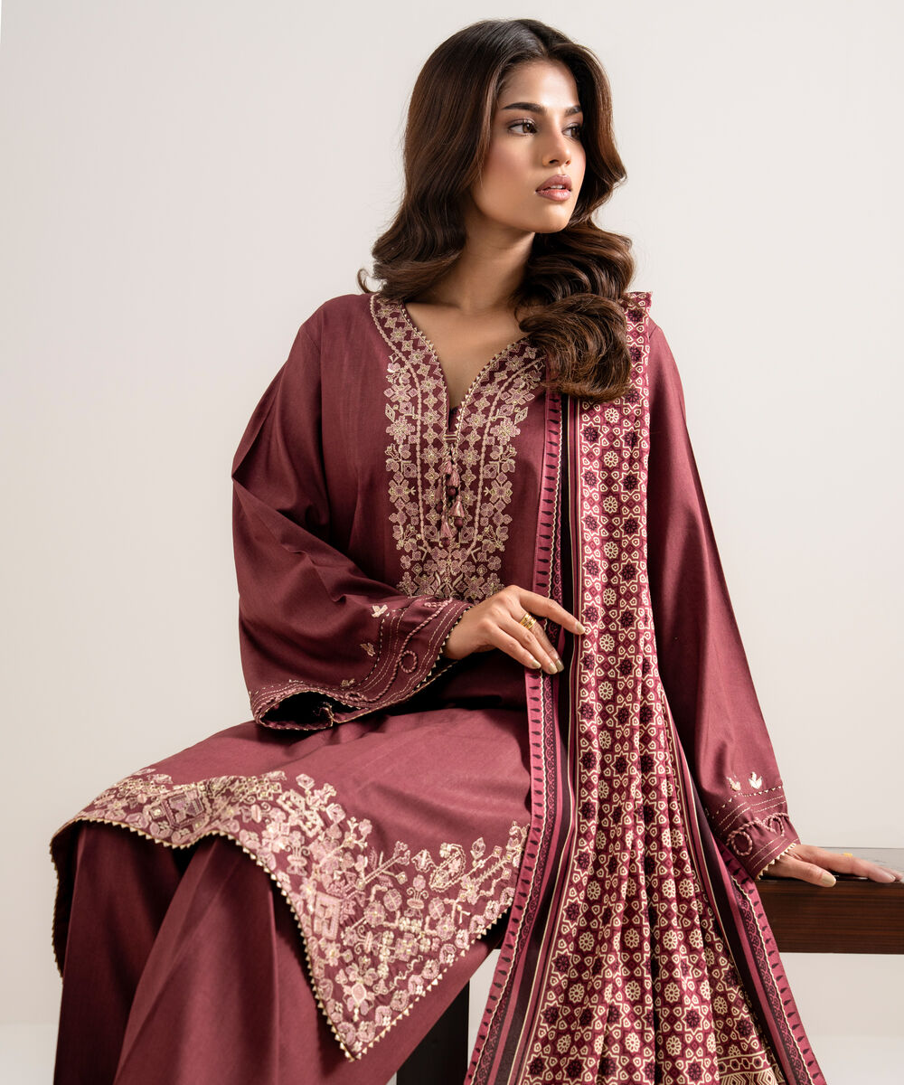 Women's Unstitched Embroidered Linen Maroon 3 Piece Suit