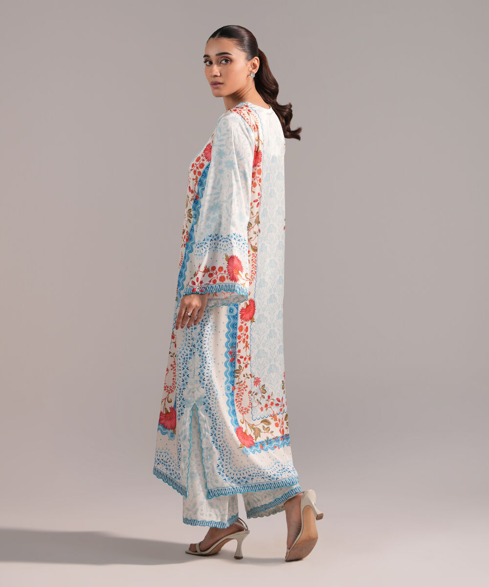 Women's RTW Blended Satin Printed Blue 2 Piece Suit