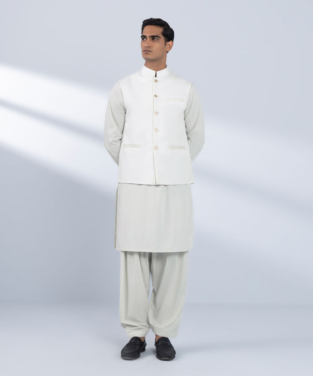 Men's Stitched Embroidered White Waistcoat