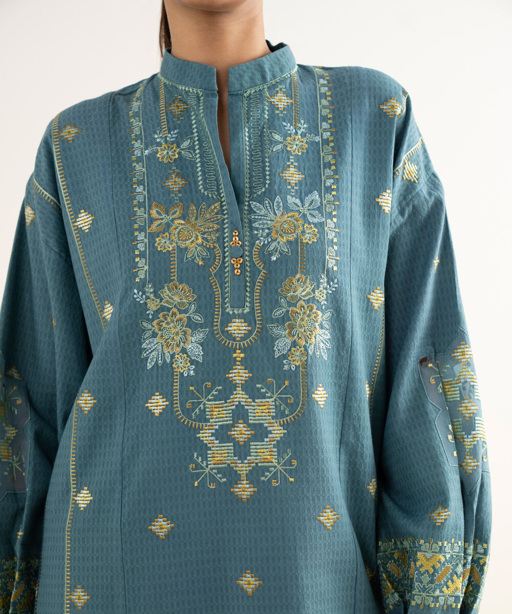 Women's Unstitched Dobby Embroidered Blue 3 Piece Suit