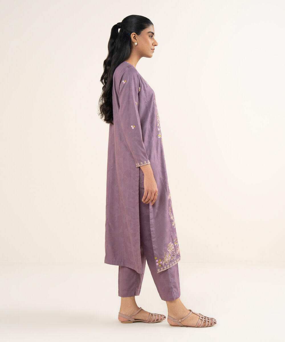 Women's RTW Self Jacquard Leno Embroidered Purple Straight Shirt