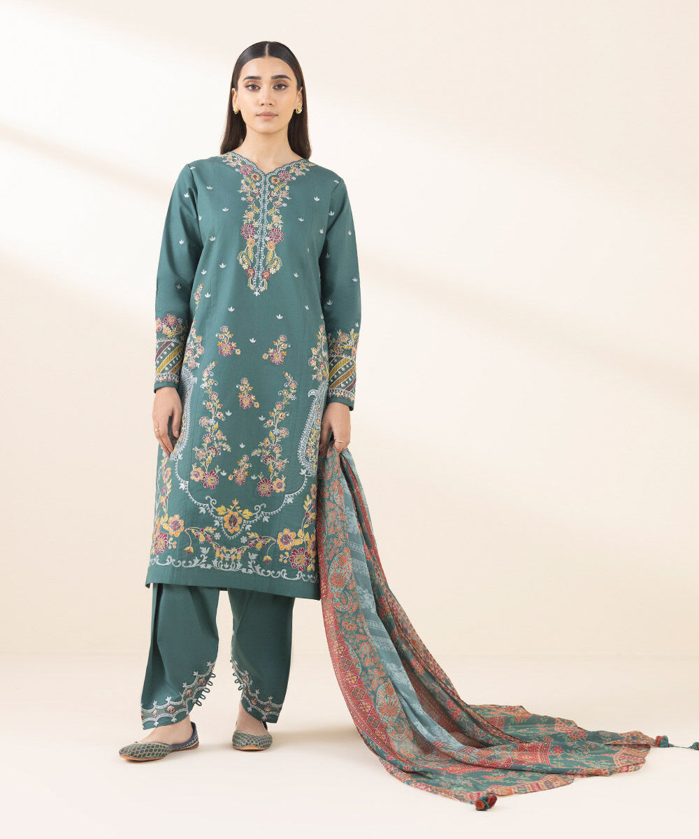 Unstitched Women's Embroidered Cotton Green Three Piece Suit