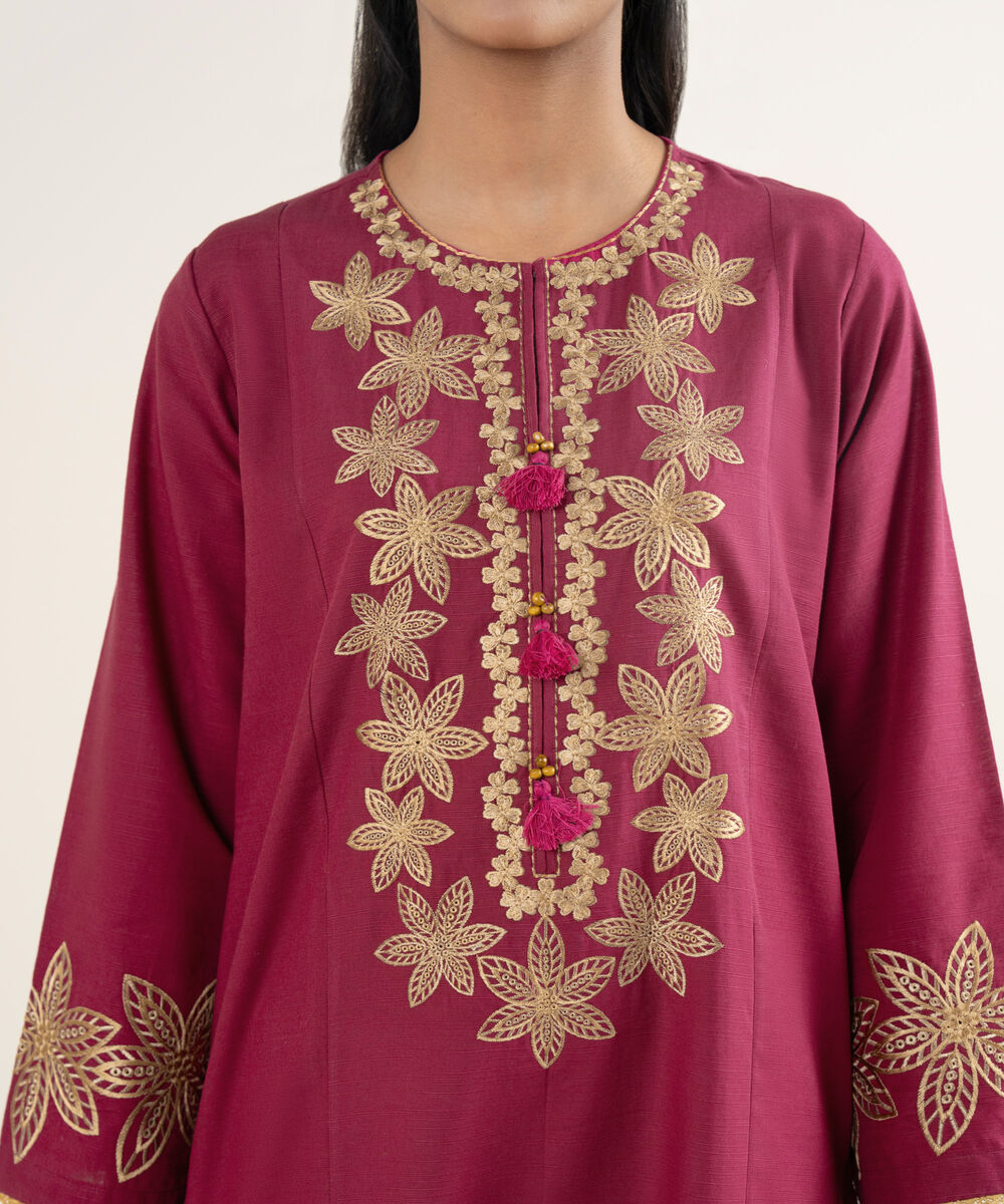 Women's RTW Cotton Embroidered Pink A-Line Shirt