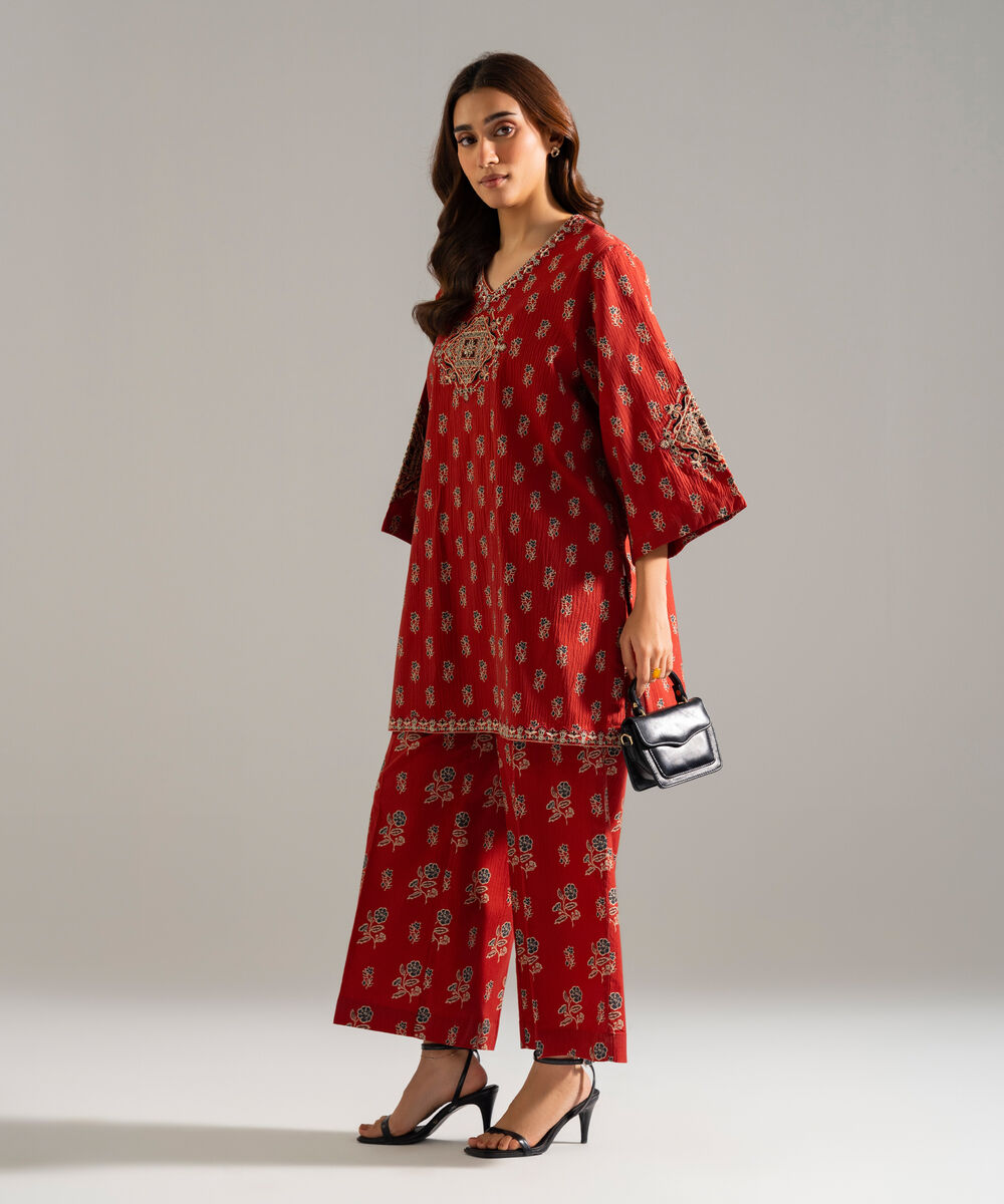 Women's RTW Seersucker Embroidered Red 2 Piece Suit
