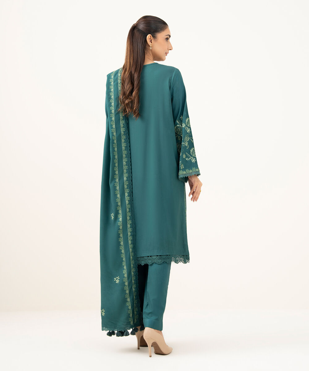 Women's Unstitched Embroidered Linen Teal Green 3 Piece Suit