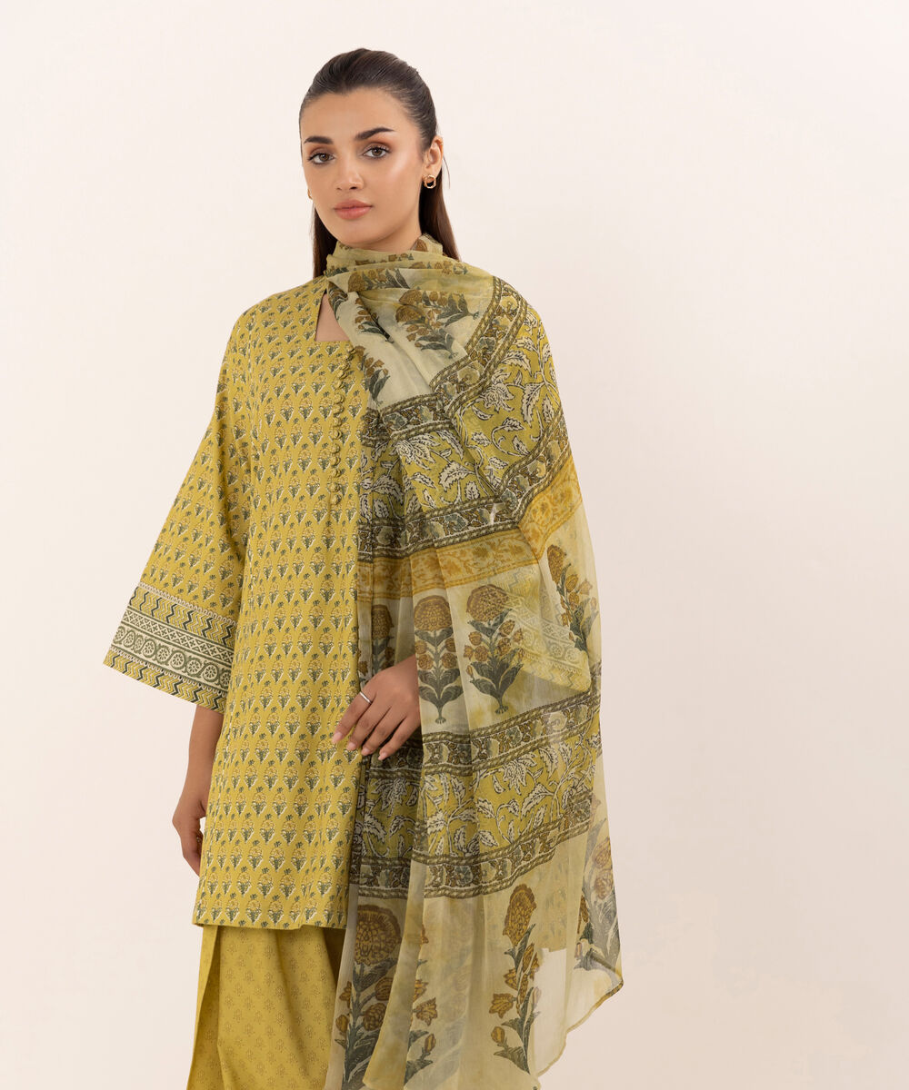 Women's Unstitched Cotton Printed Mustard Three Piece Suit