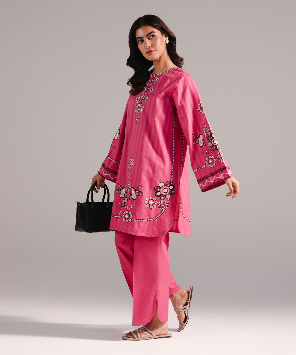 Women's RTW Dobby Embroidered Pink 2 Piece Suit