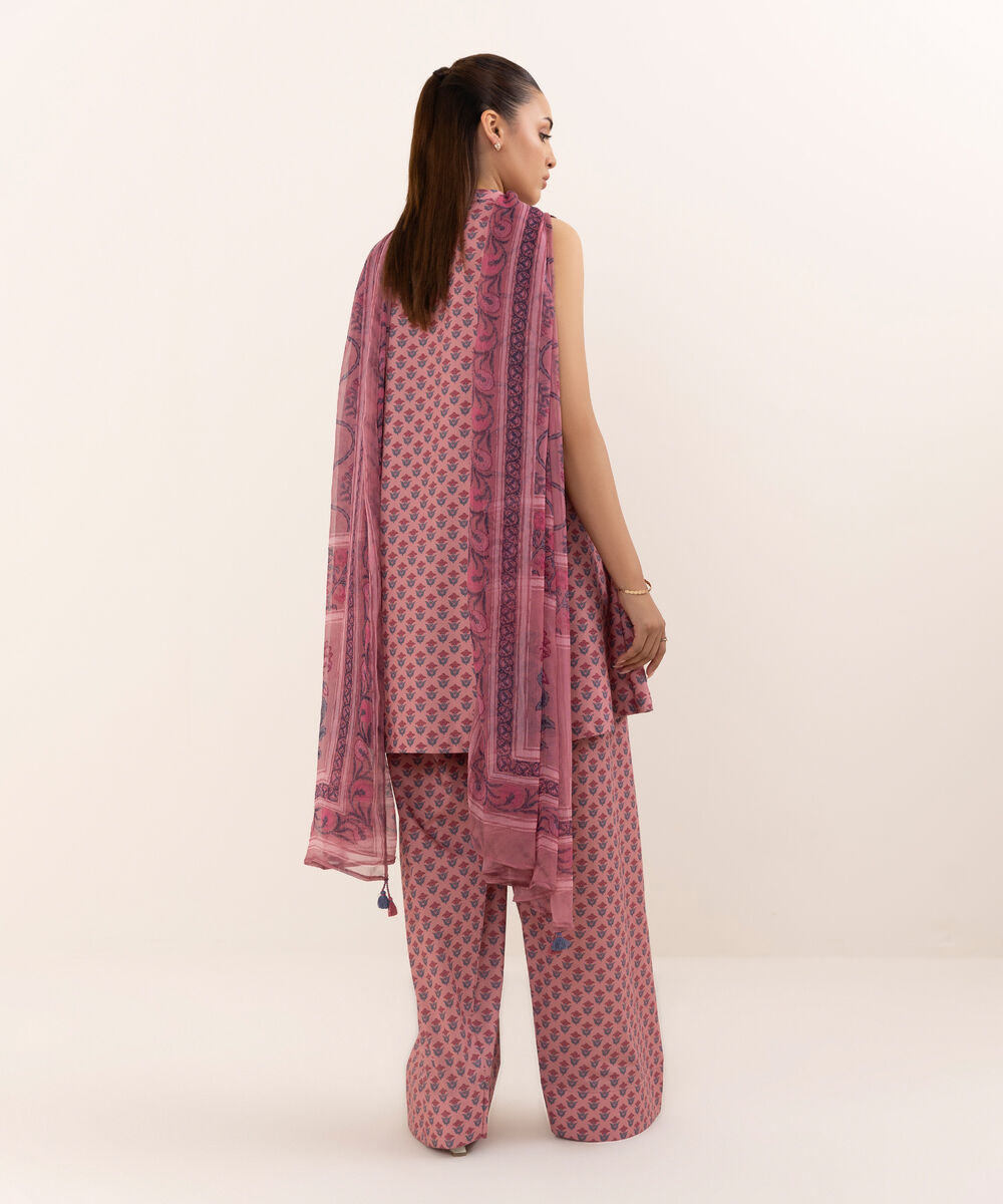 Women's Unstitched Cotton Printed Pink Three Piece Suit