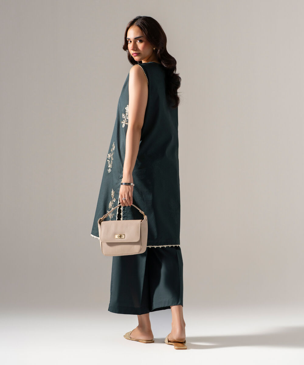 Women's RTW Dobby Solid Embroidered Dark Green Straight Shirt
