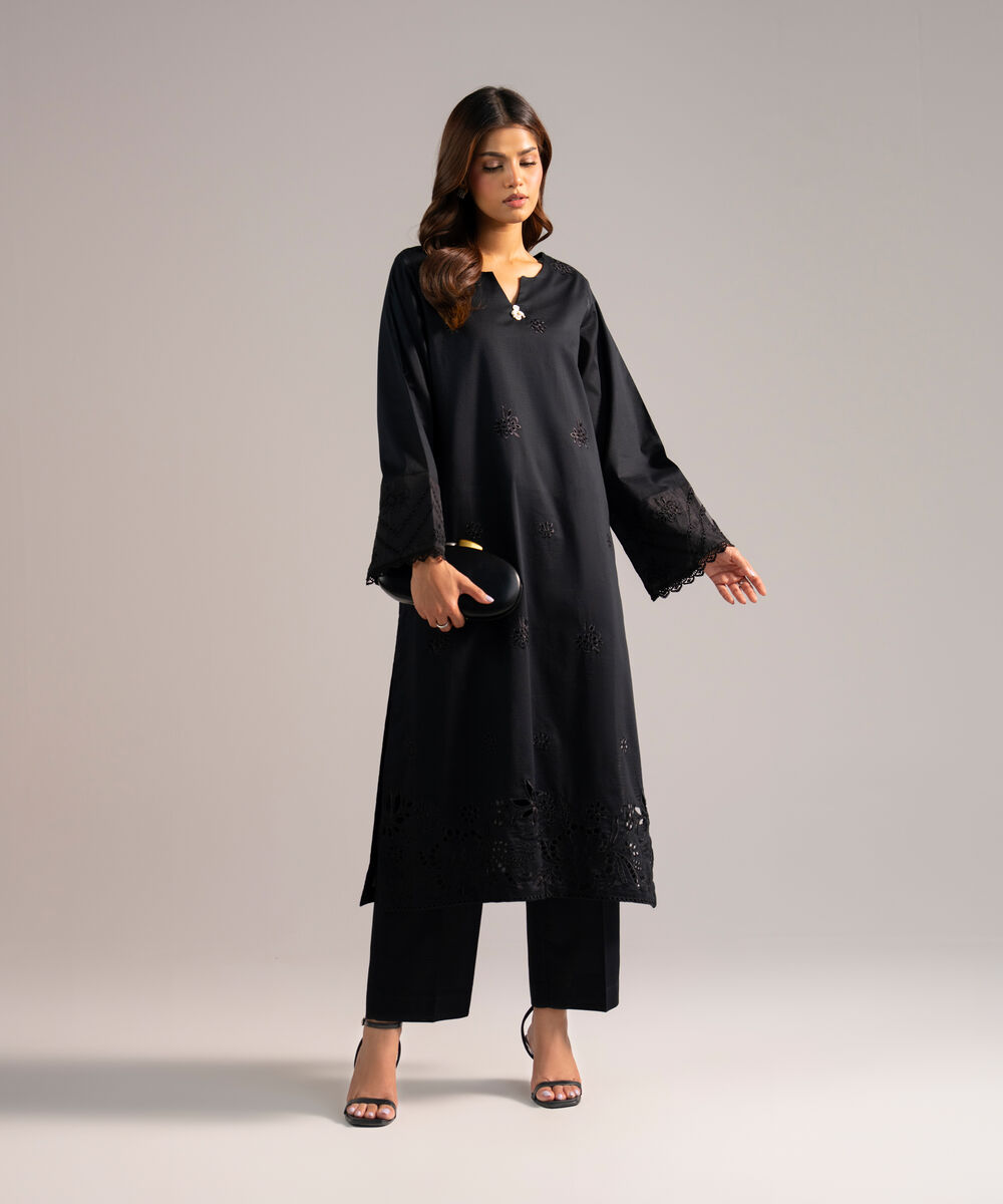 Women's RTW Dobby Embroidered Black 2 Piece Suit