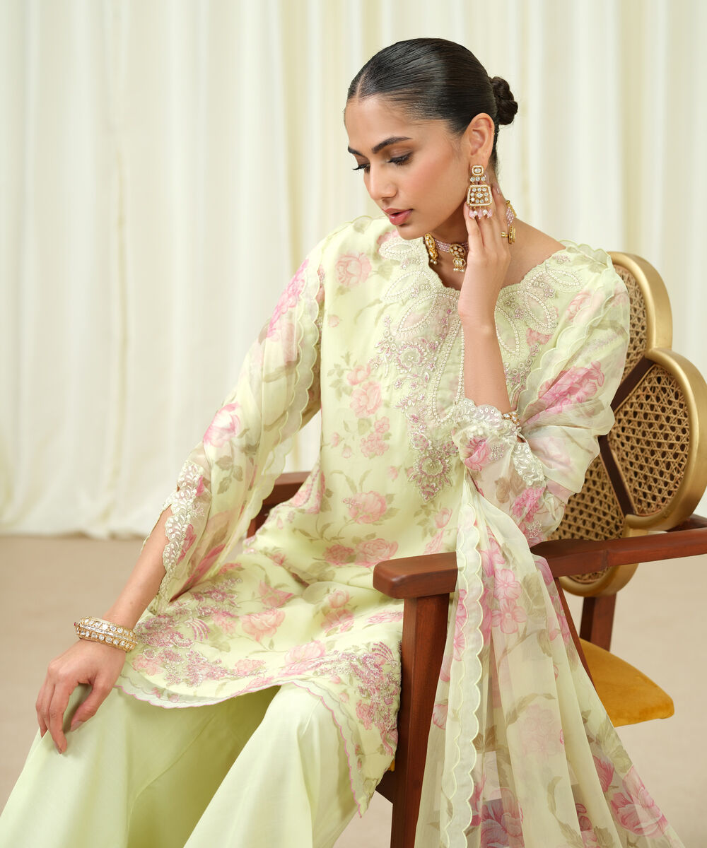 Women's Unstitched Blended Chiffon Embroidered Yellow 3 Piece Suit
