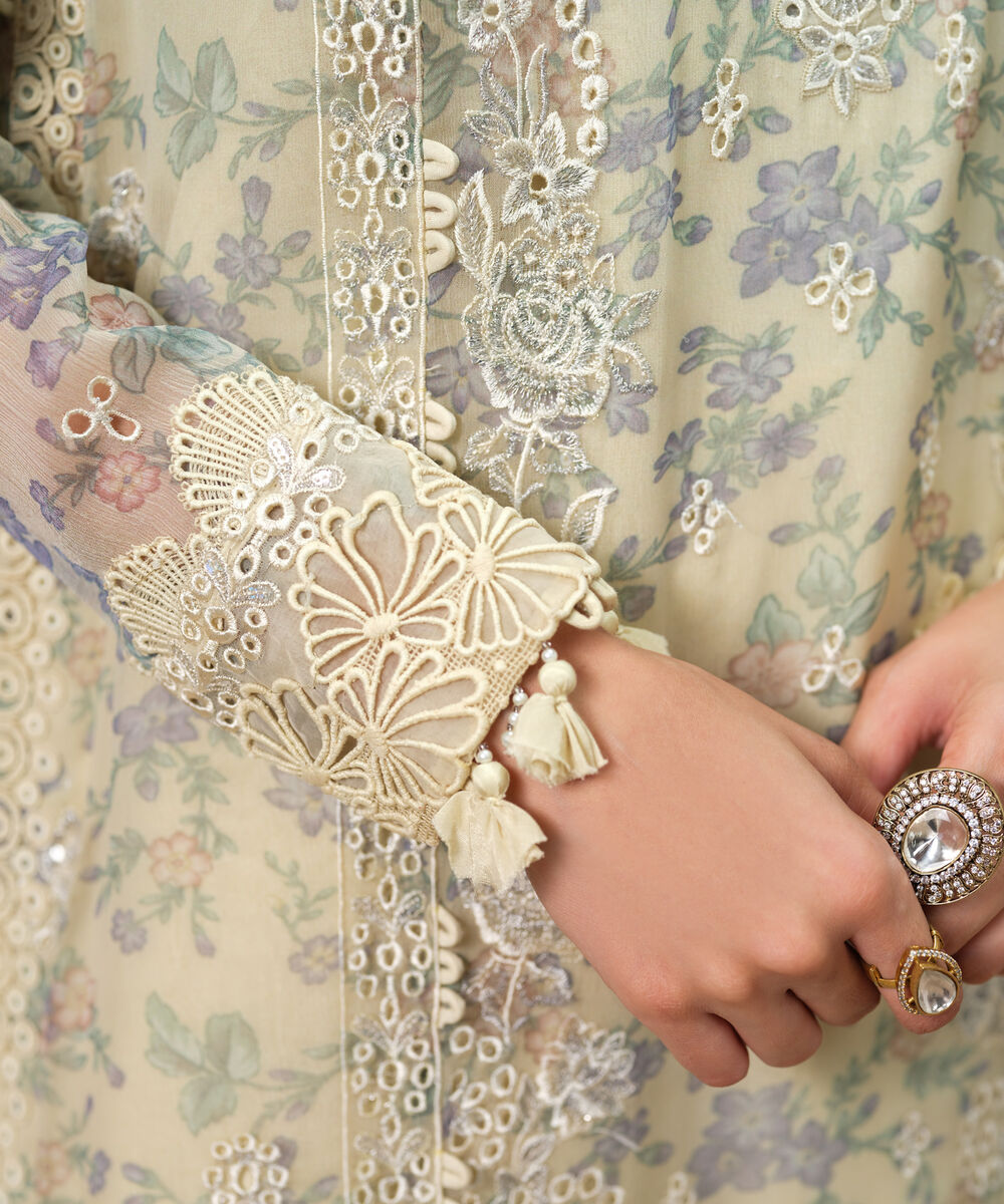 Women's Unstitched Blended Chiffon Embroidered Yellow 3 Piece Suit