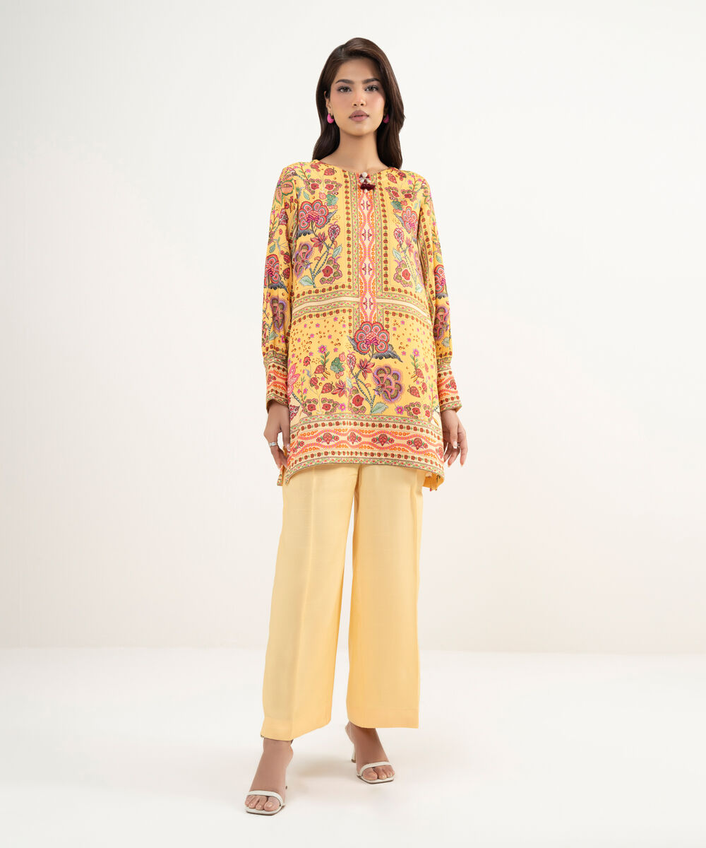 Women's RTW Premium Visocose Satin Printed Yellow 2 Piece Suit