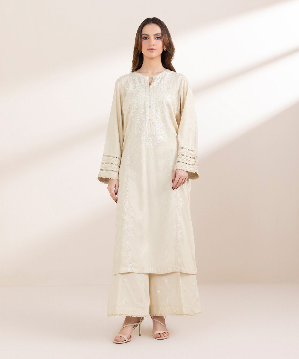 Women's Pret Cotton Jacquard Beige Embroidered A-Line Shirt