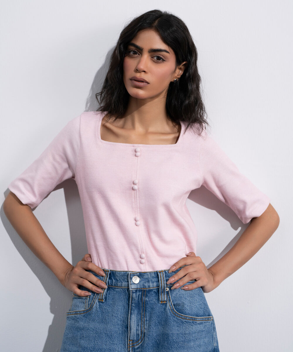 Women's Pink Square Neck Ribbed Top
