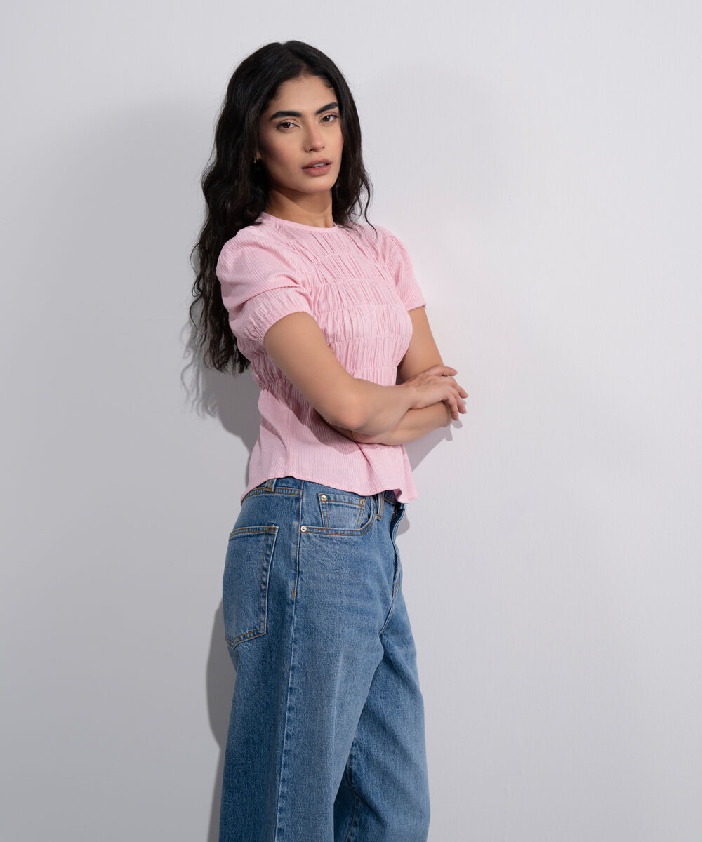 Women's Pink  Smocked Seersucker Blouse