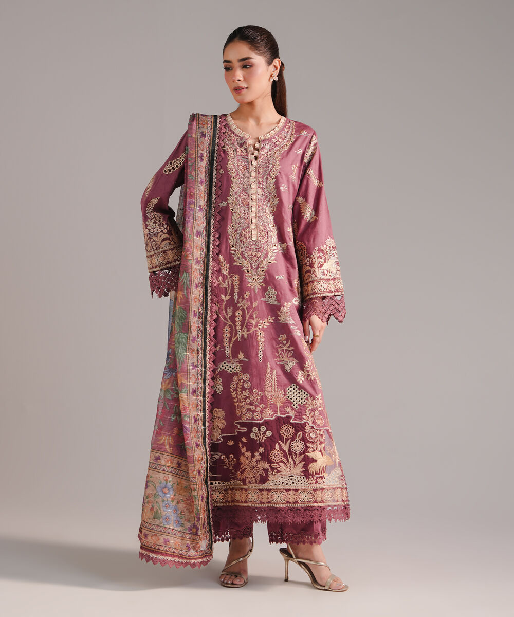 Women's RTW Self Jacquard Embroidered Muted Mauve 3 Piece Suit