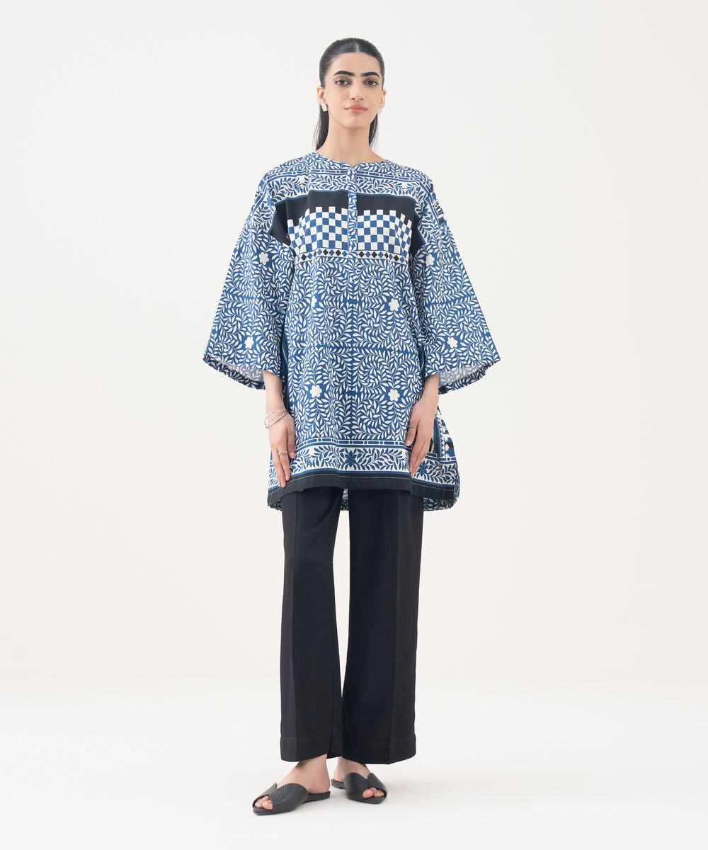 Women's RTW Light Khaddar Blue Printed Drop Shoulder Shirt