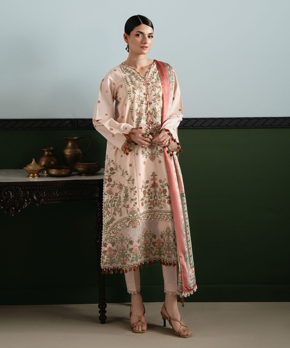 Women's Unstitched Lawn Embroidered Pink 3 Piece Suit