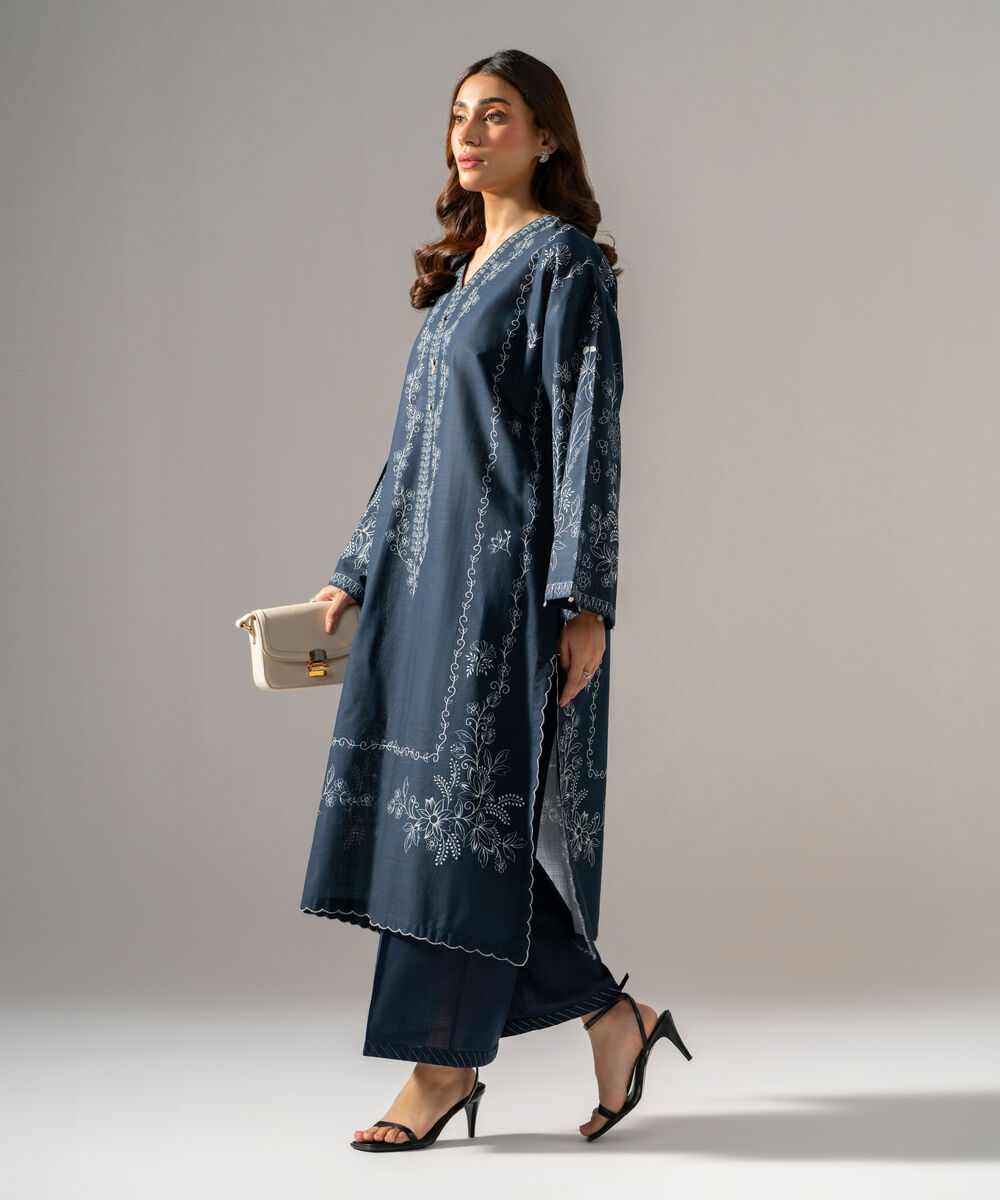 Women's RTW  Cross Hatch Printed Dark Blue Drop Shoulder