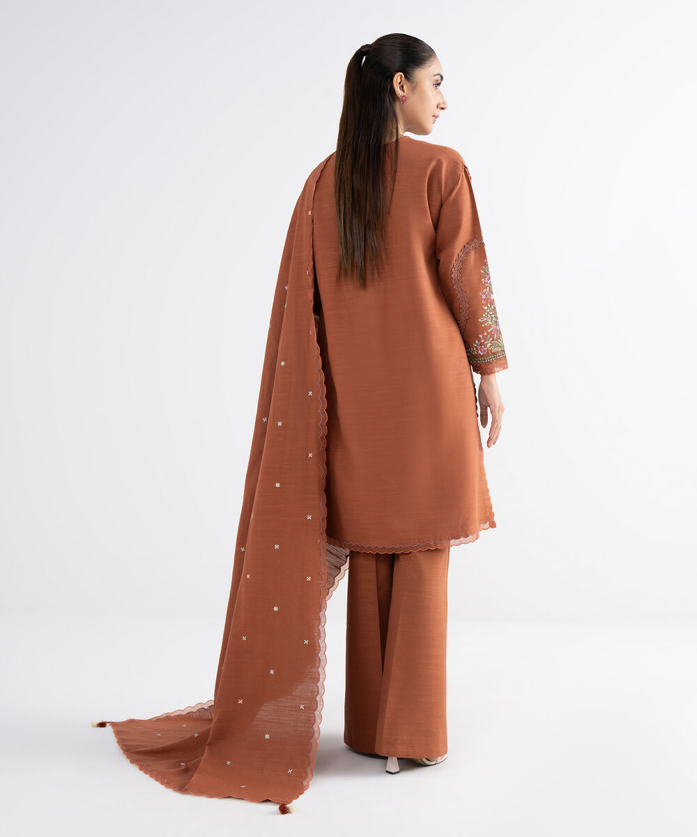 Women's Unstitched Khaddar Embroidered Brown 3 Piece Suit