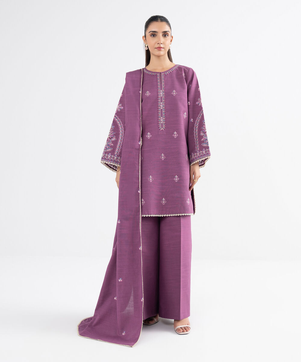 Women's Unstitched Khaddar Embroidered Purple 3 Piece Suit