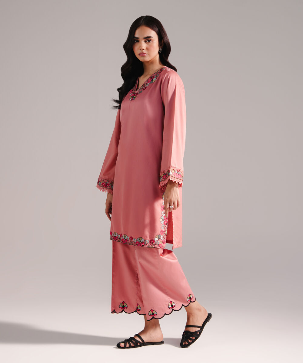 Women's RTW Cotton Satin Embroidered Pink 2 Piece Suit
