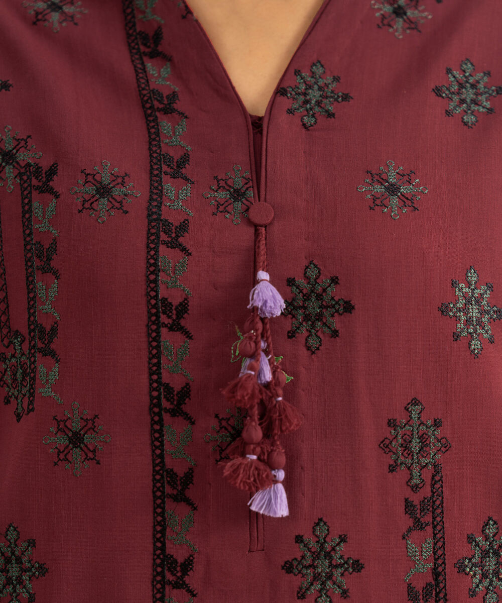 Women's Unstitched Viscose Raw Silk Embroidered Red 3 Piece Suit