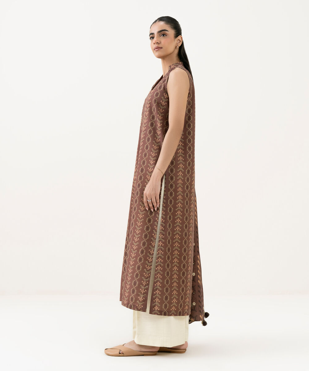 Women's Unstitched Khaddar Printed Brown 2 Piece Suit