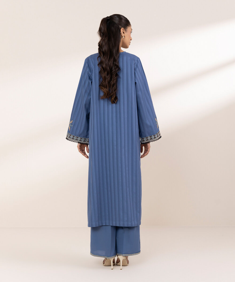 Women's RTW Textured Cotton Blue Embroidered A-Line Shirt