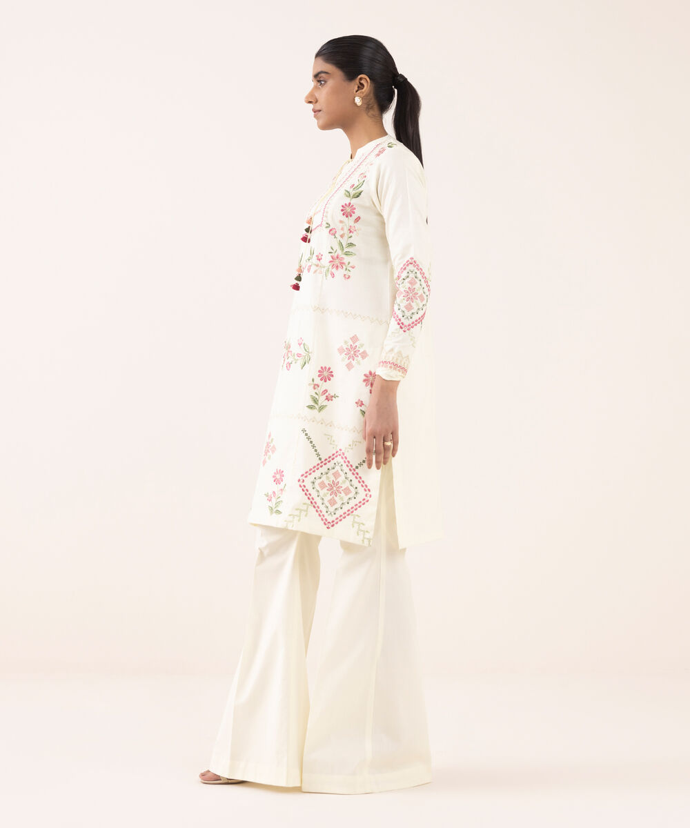 Women's Unstitched Cotton Embroidered Off White Two Piece Suit