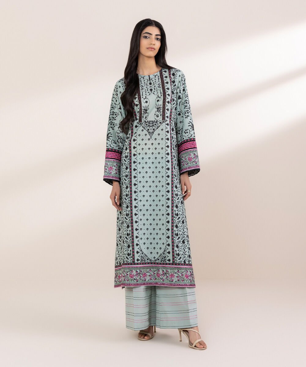 Women's RTW Lawn Blue Embroidered A-Line Shirt