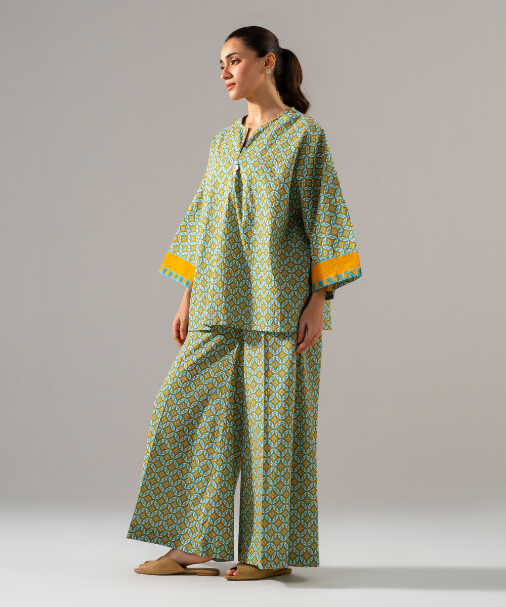 Women's RTW Seersucker Printed Mustard Yellow 2 Piece Suit