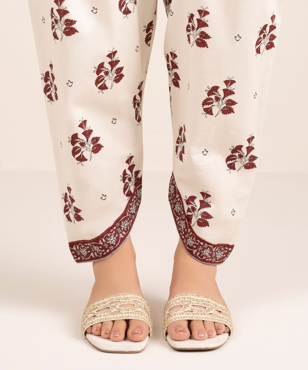 Women's RTW Cambric Printed Off White Skinny Shalwar