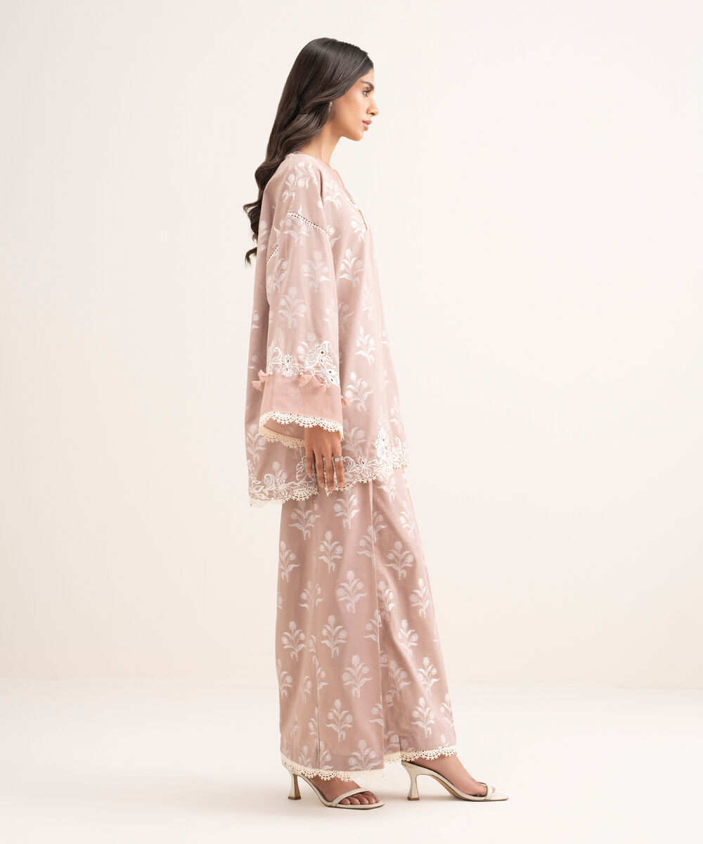 Women's RTW Self Jacquard Embroidered Beige 2 Piece Suit