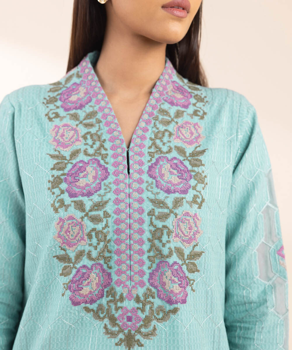 Women's Unstitched Blue Dobby 3 Piece Suit