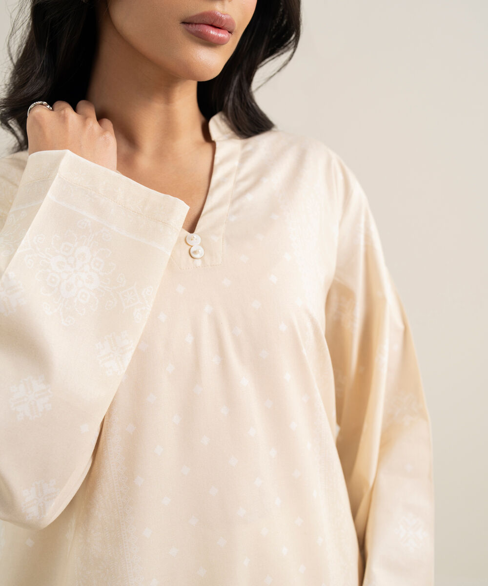 Women's RTW Cotton Viscose Printed Off White Straight Shirt