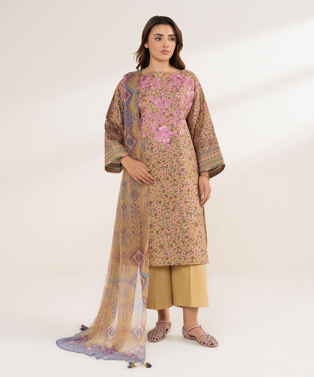 Women's Unstitched Cotton Embroidered Multi 3 Piece Suit