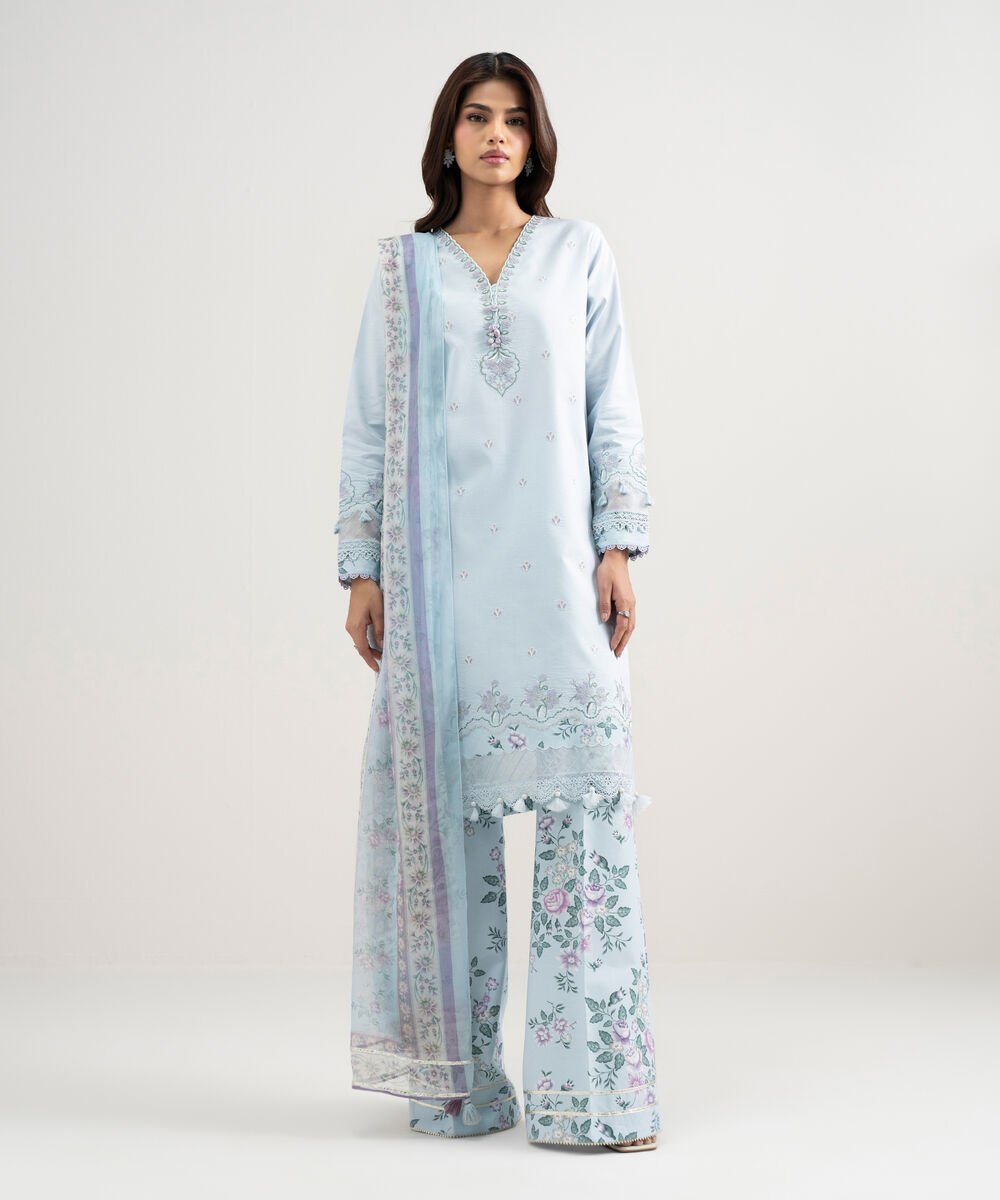 Women's Unstitched Textured Lawn Embroidered Blue 3 Piece Suit