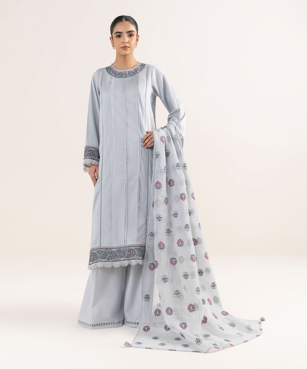 Women's RTW Cotton Satin Lilac Embroidered A-Line Shirt