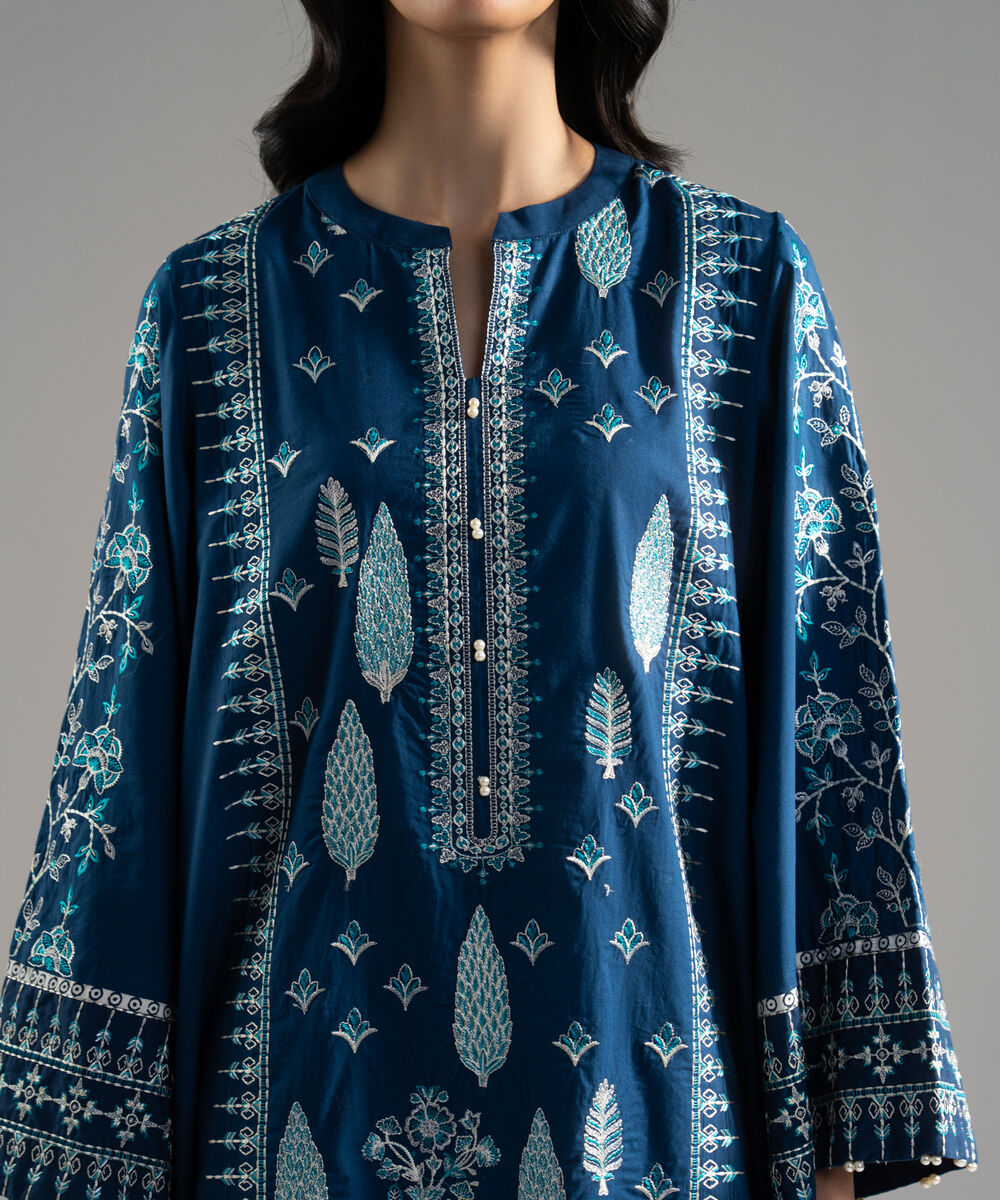 Women's RTW Solid Embroidered Cambric Blue A-Line Shirt