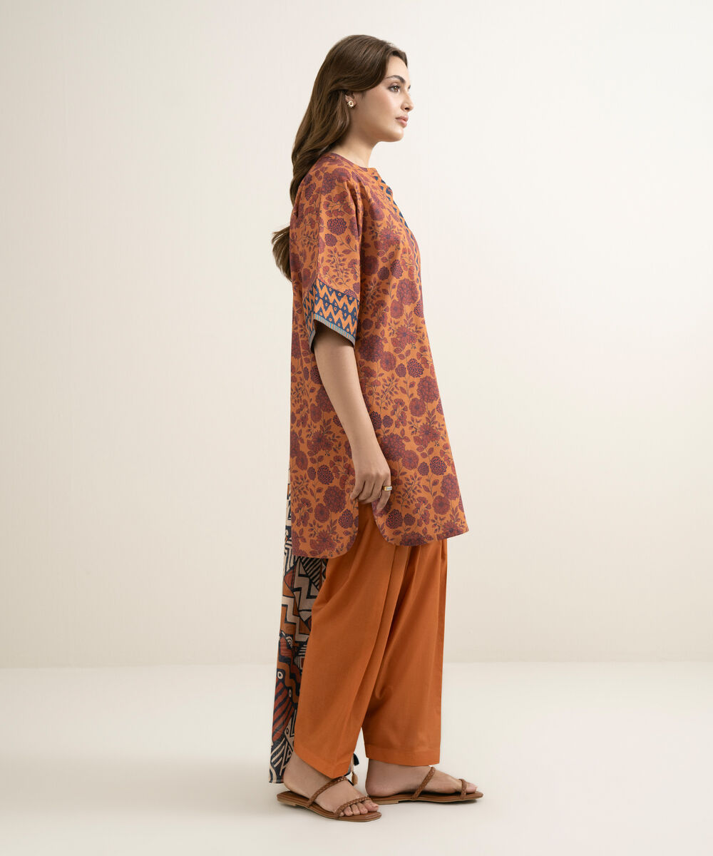 Women's Unstitched Lawn Printed Orange 3 Piece Suit
