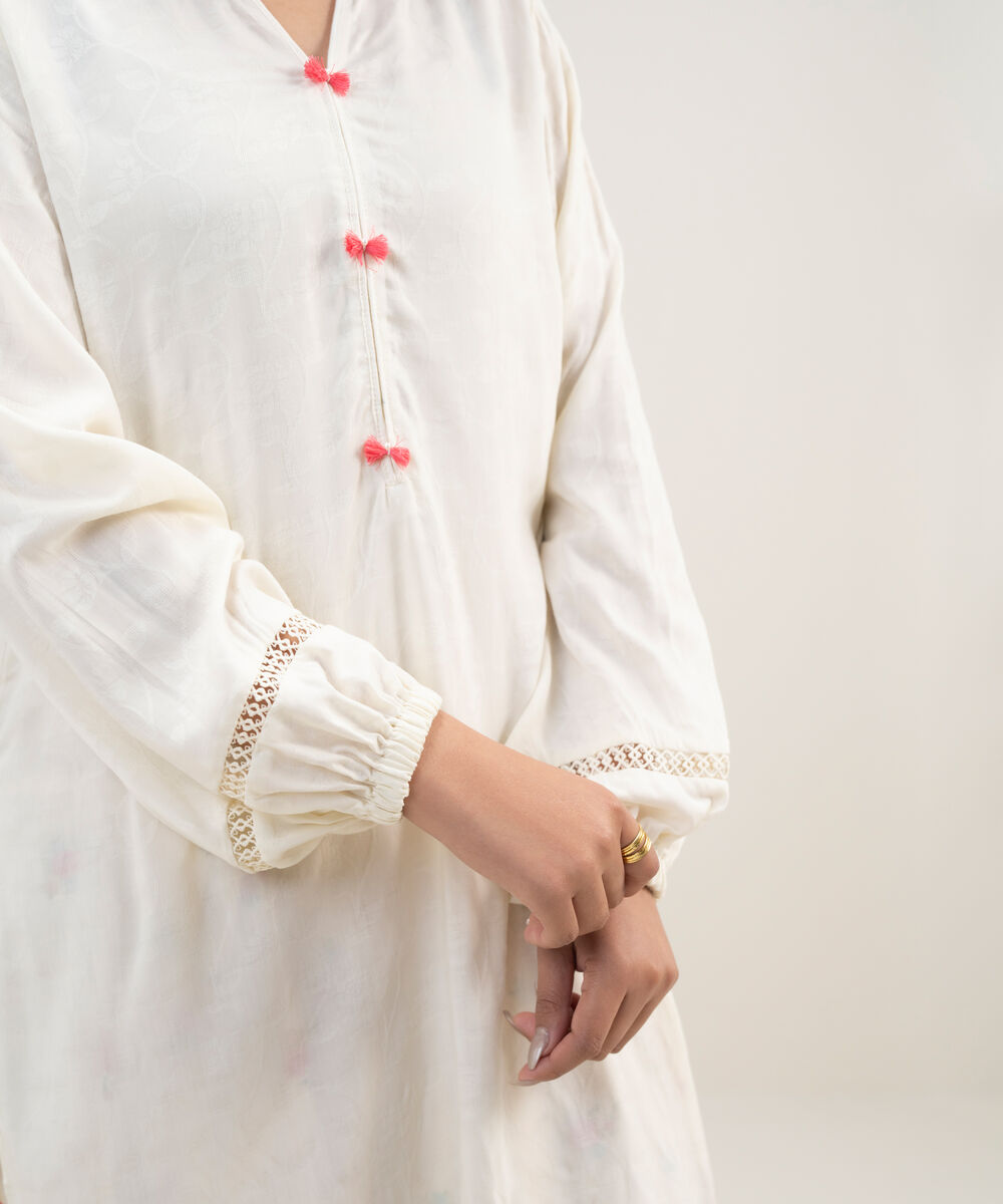 Women's RTW Arabic Self Jacquard Solid Cream White Straight Shirt